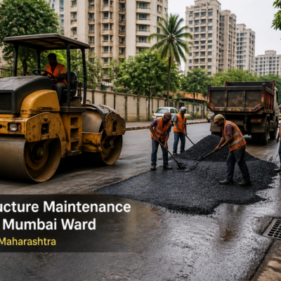 Urban infrastructure maintenance scene in Chandivali L Ward showing civil works machinery and workers