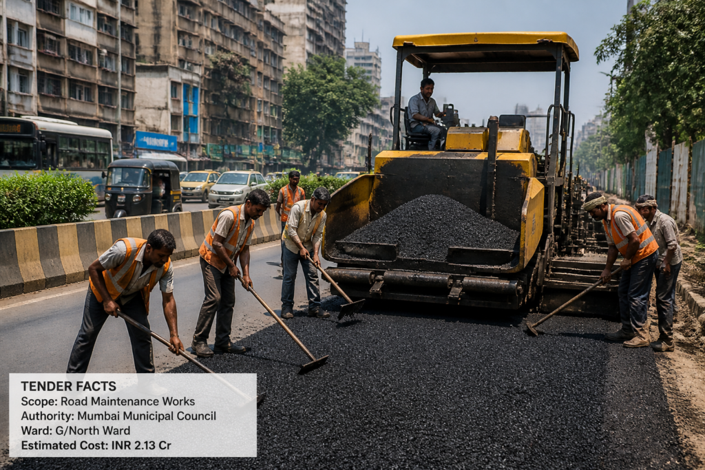 Municipal civil works road maintenance activity in Mumbai's Kurla L Ward urban area