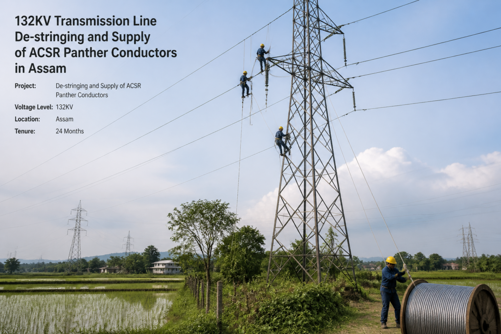 132KV transmission line towers in Assam with conductors being replaced, representing the Depota-Dhekiajuli conductor restringing project