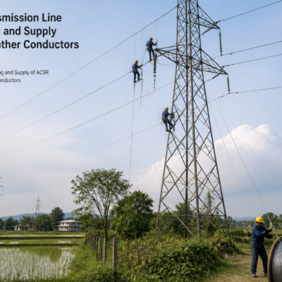 132KV transmission line towers in Assam with conductors being replaced, representing the Depota-Dhekiajuli conductor restringing project
