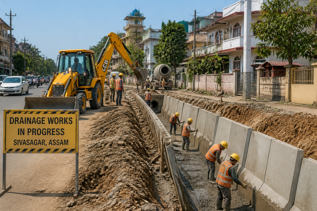 Drainage construction site along urban road in Sivasagar, Assam for government civil works tender