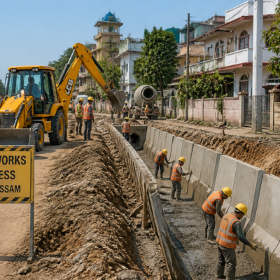 Drainage construction site along urban road in Sivasagar, Assam for government civil works tender