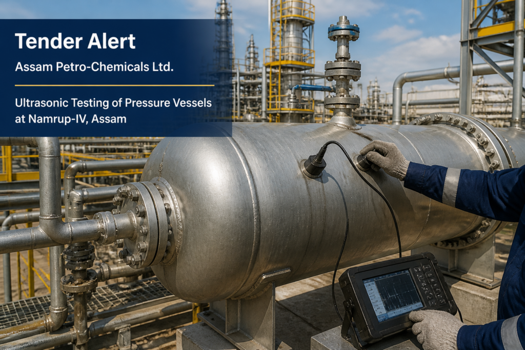 Ultrasonic thickness survey being conducted on pressure vessels at Assam Petro-Chemicals Ltd. methanol plant, Namrup