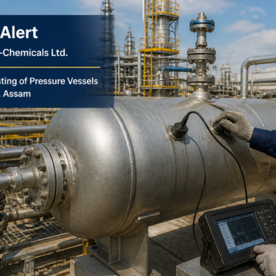Ultrasonic thickness survey being conducted on pressure vessels at Assam Petro-Chemicals Ltd. methanol plant, Namrup