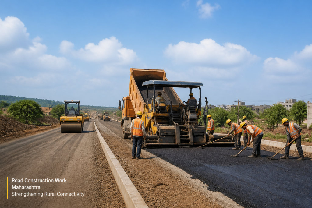 Construction site showing active road civil works under Maharashtra government tender in DAHEGAON M.