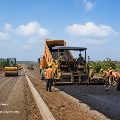 Construction site showing active road civil works under Maharashtra government tender in DAHEGAON M.