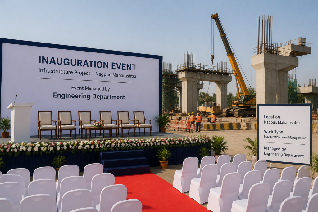 Inauguration event setup for government development works in Nagpur showcasing event management at Mahalaxmi Jagdamba Sansthan