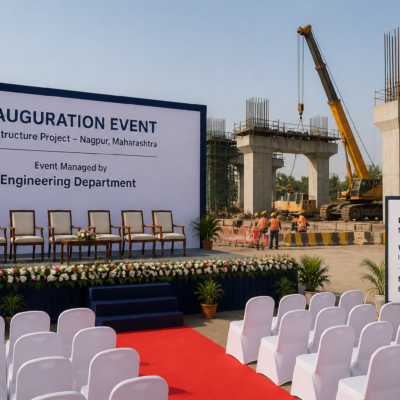Inauguration event setup for government development works in Nagpur showcasing event management at Mahalaxmi Jagdamba Sansthan