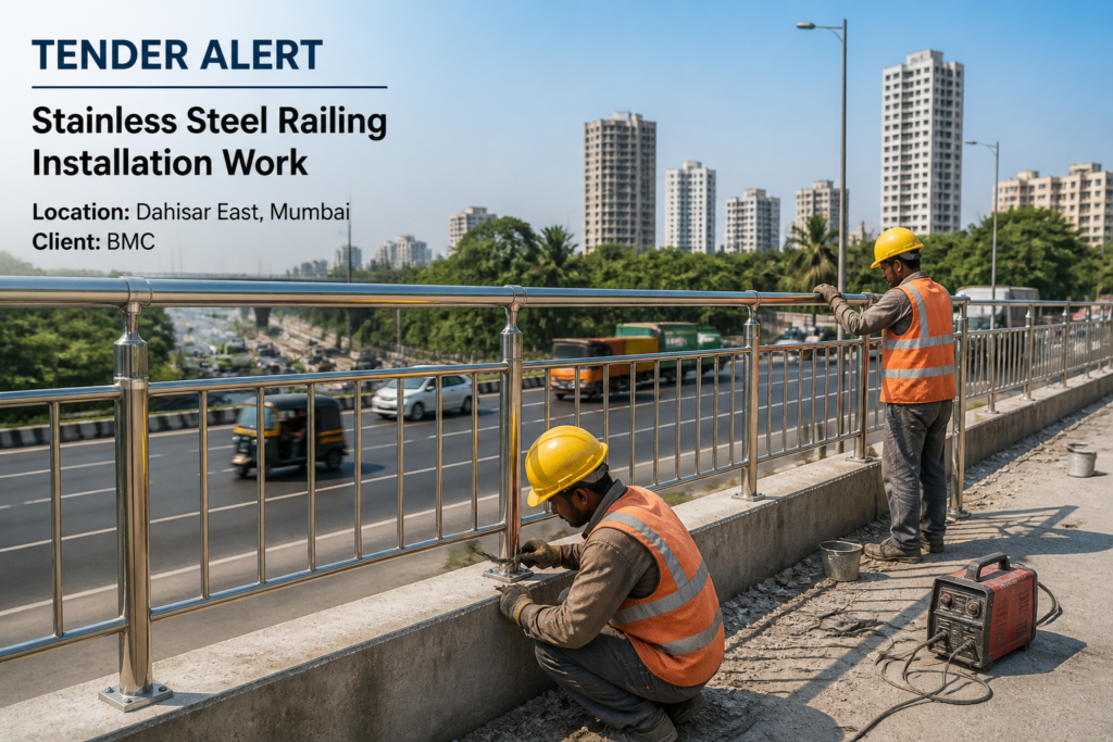 Stainless steel railing installation adjacent to Western Express Highway in Dahisar East under Municipal Corporation of Greater Mumbai tender