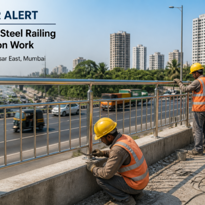 Stainless steel railing installation adjacent to Western Express Highway in Dahisar East under Municipal Corporation of Greater Mumbai tender