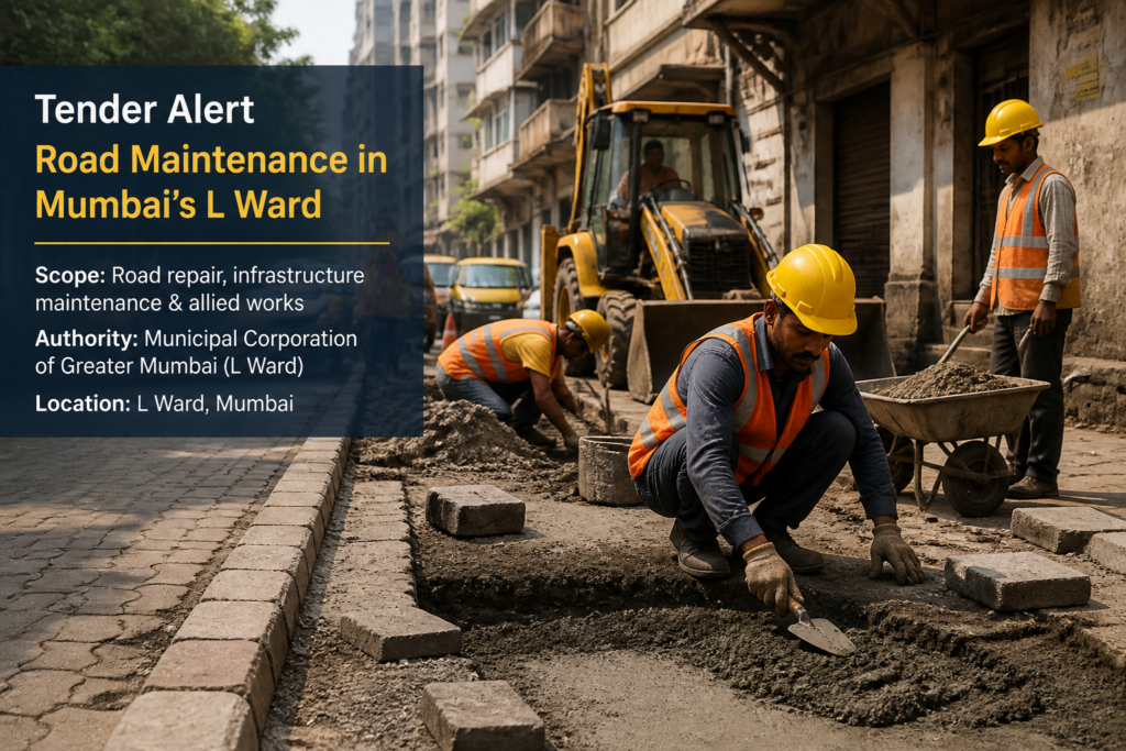 Urban road maintenance work underway in Mumbai's L Ward Kurla, showing construction workers engaged in civil works