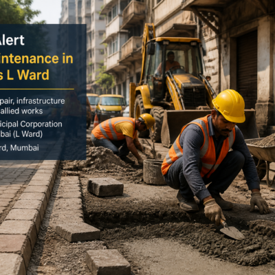 Urban road maintenance work underway in Mumbai's L Ward Kurla, showing construction workers engaged in civil works