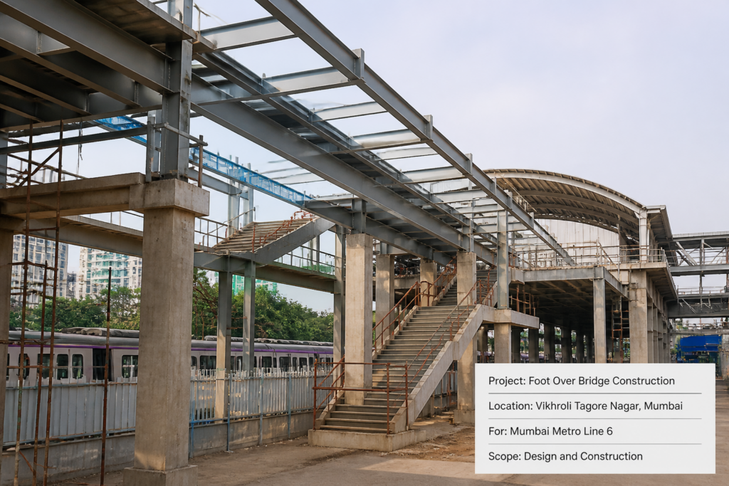 Foot over bridge construction site at Mumbai Metro Line 6 station in Vikhroli showcasing steel structure and urban transit infrastructure