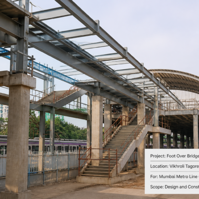 Foot over bridge construction site at Mumbai Metro Line 6 station in Vikhroli showcasing steel structure and urban transit infrastructure