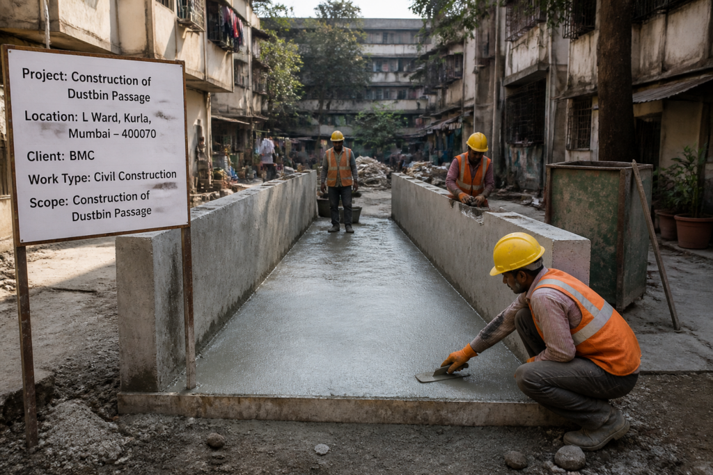 Construction work on a dustbin passage at Ram Bacchan chawl, Mumbai, showing civil works in progress in an urban residential area.