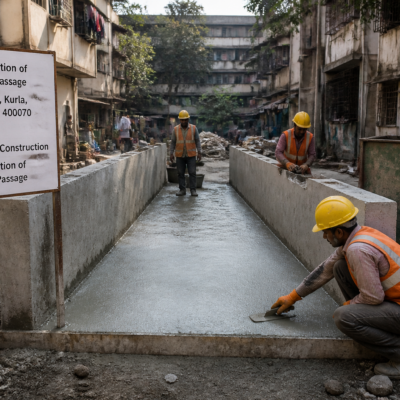 Construction work on a dustbin passage at Ram Bacchan chawl, Mumbai, showing civil works in progress in an urban residential area.
