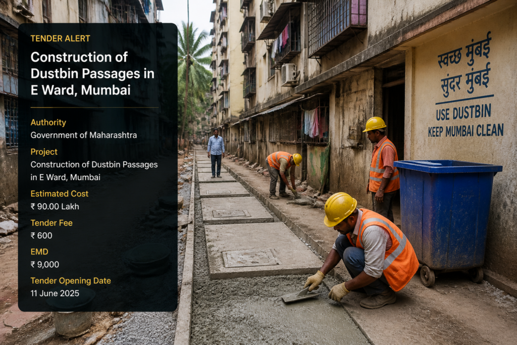 Ongoing dustbin passage construction at residential chawl area in Mumbai depicting urban civil works project by Government of Maharashtra