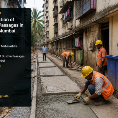 Ongoing dustbin passage construction at residential chawl area in Mumbai depicting urban civil works project by Government of Maharashtra