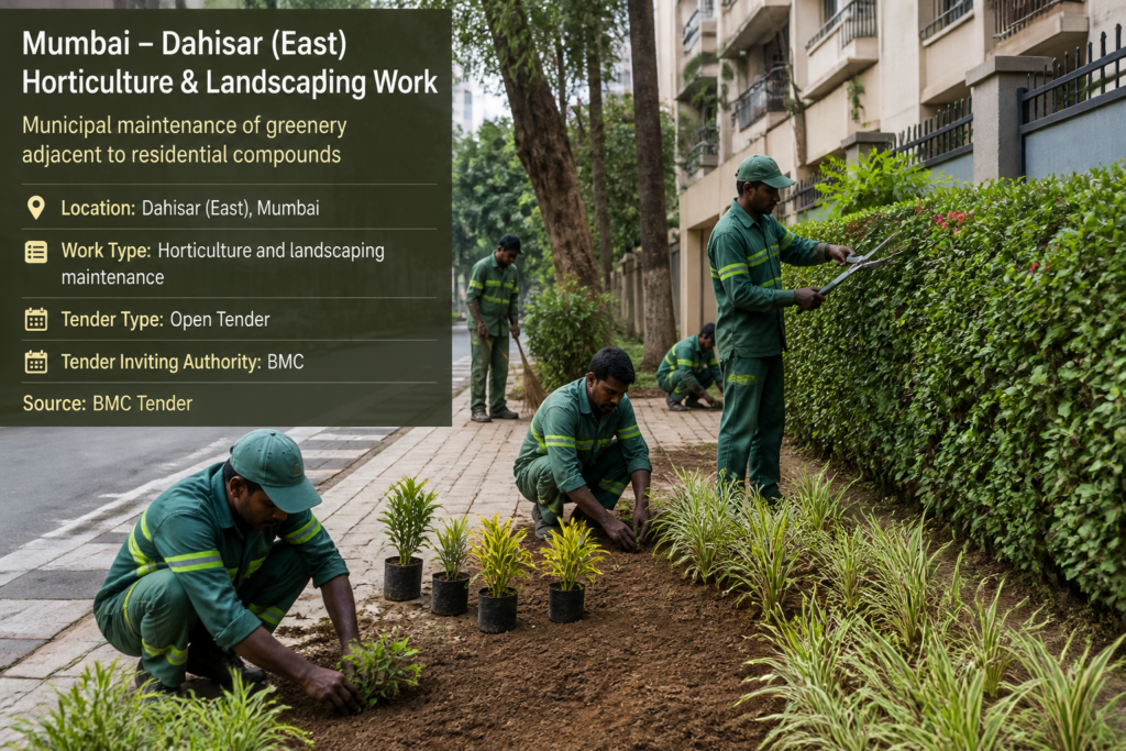 Horticulture maintenance work adjacent to Abu Sahma Compound in Dahisar East, Mumbai by municipal workers