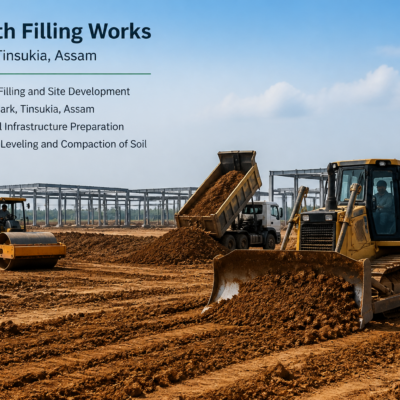 Earth filling work in progress at Plastic Park industrial site in Tinsukia, Assam, showing heavy machinery and site preparation.