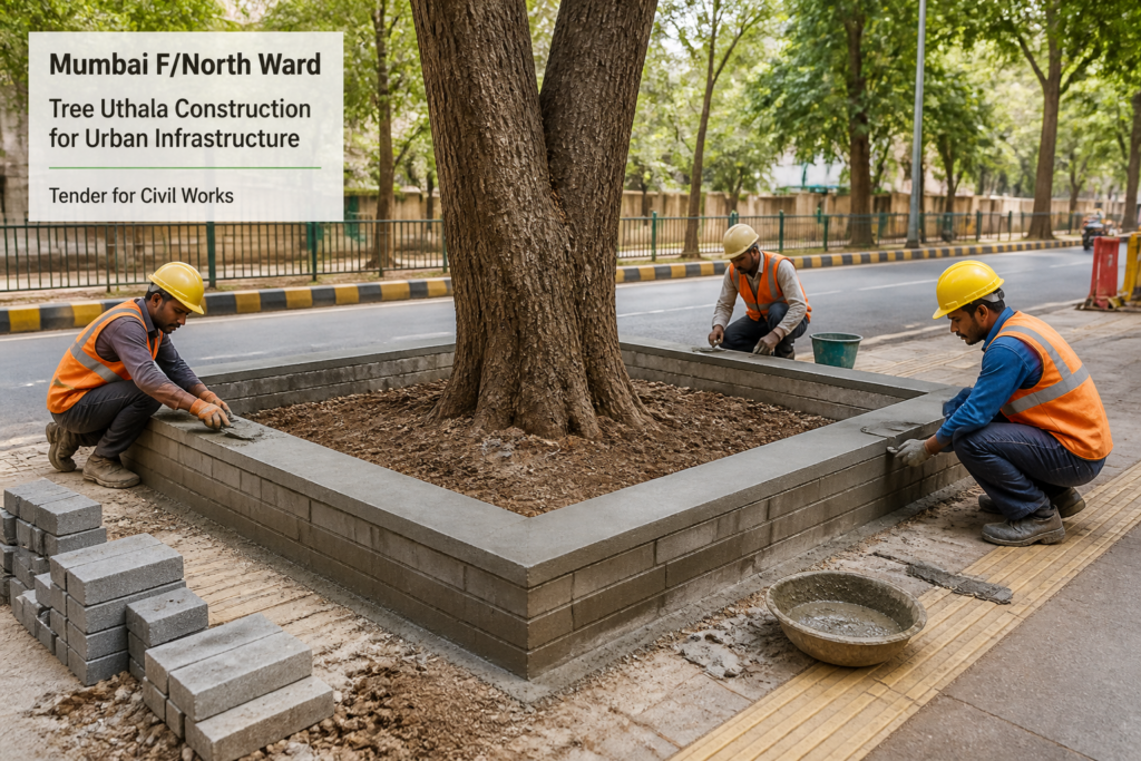 Construction of tree uthala platform around trees in F/North Ward, Mumbai by Municipal Corporation civil workers