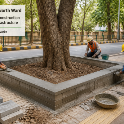 Construction of tree uthala platform around trees in F/North Ward, Mumbai by Municipal Corporation civil workers
