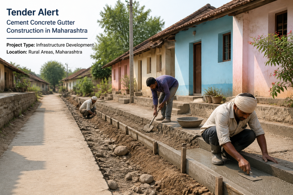 Construction of cement concrete gutter in Shiradhane Pr. NER village, Maharashtra, focusing on rural drainage infrastructure works.