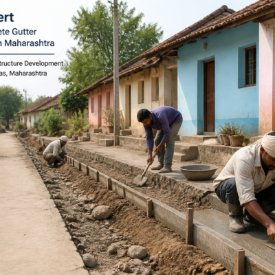 Construction of cement concrete gutter in Shiradhane Pr. NER village, Maharashtra, focusing on rural drainage infrastructure works.