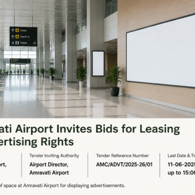 Interior view of Amravati Airport terminal showing space designated for advertising rights lease