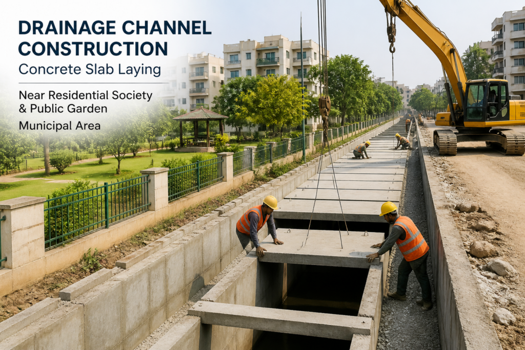Urban civil construction work showing drain construction and slab laying near residential society in KBMC Maharashtra