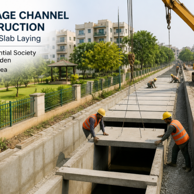 Urban civil construction work showing drain construction and slab laying near residential society in KBMC Maharashtra