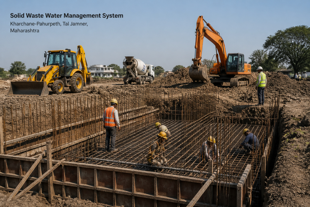 Construction site for solid waste water management system in Kharchane-Pahurpeth Maharashtra under government tender