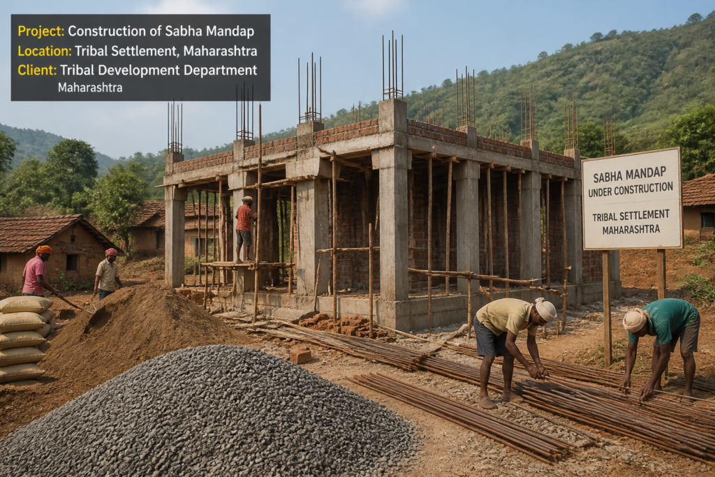 Construction site of Sabha Mandap building in tribal settlement in Maharashtra.