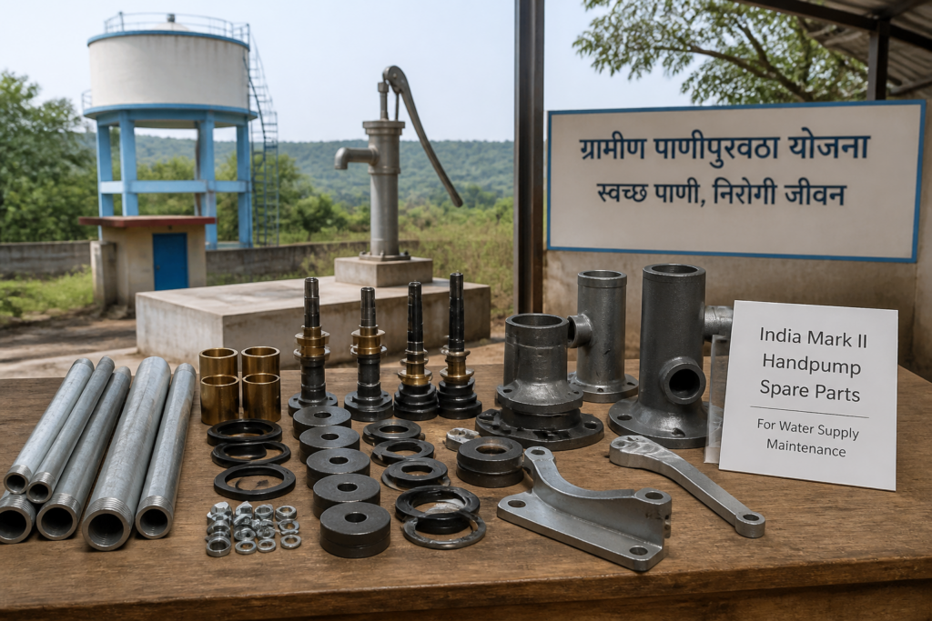 Spare parts for India Mark II Handpump arranged on workshop table representing water infrastructure maintenance tender in Maharashtra
