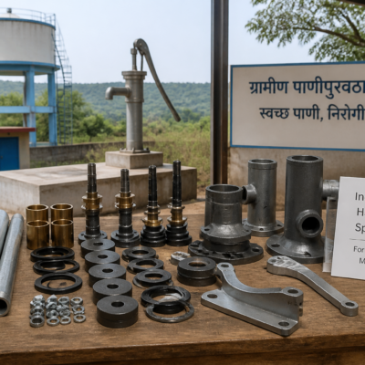 Spare parts for India Mark II Handpump arranged on workshop table representing water infrastructure maintenance tender in Maharashtra