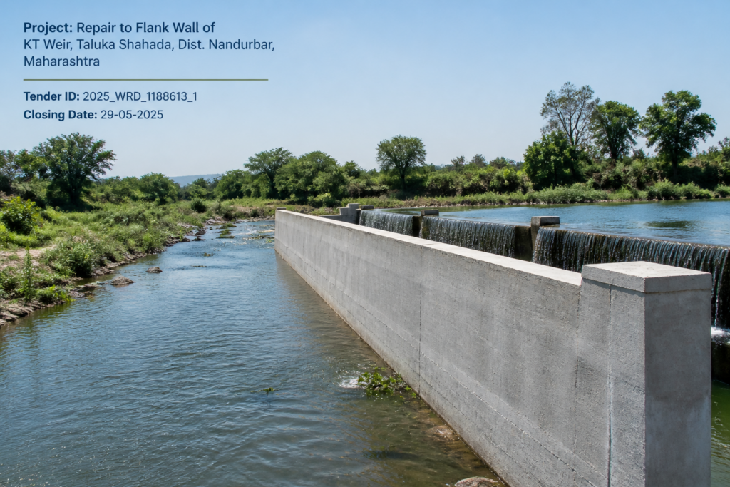 Repaired flank wall at KT Weir irrigation structure in Maharashtra under clear skies