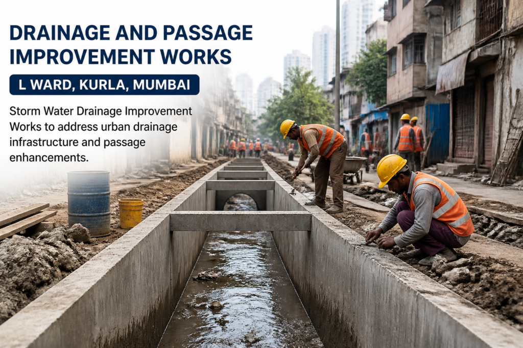 Urban drainage system improvement works in L Ward Kurla with concrete storm water drains and workers engaged in civil maintenance