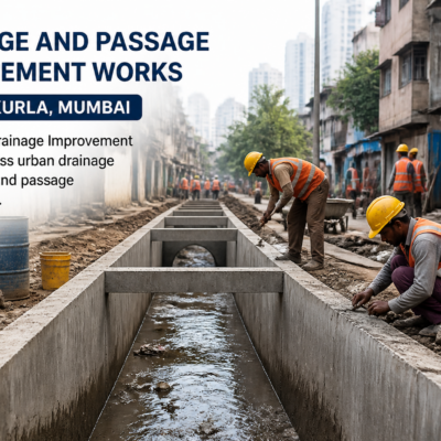 Urban drainage system improvement works in L Ward Kurla with concrete storm water drains and workers engaged in civil maintenance