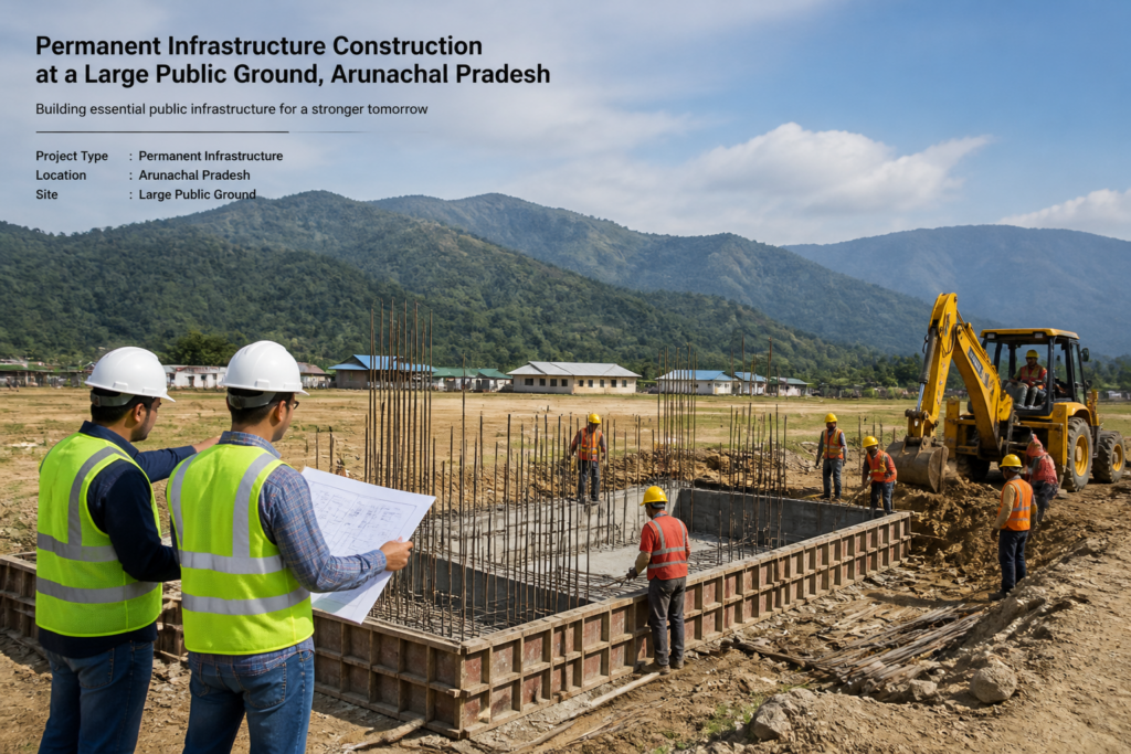 Permanent infrastructure construction at Nyokum Ground, Tali, Arunachal Pradesh, showing civil works in progress