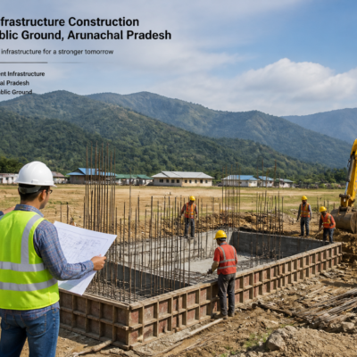 Permanent infrastructure construction at Nyokum Ground, Tali, Arunachal Pradesh, showing civil works in progress