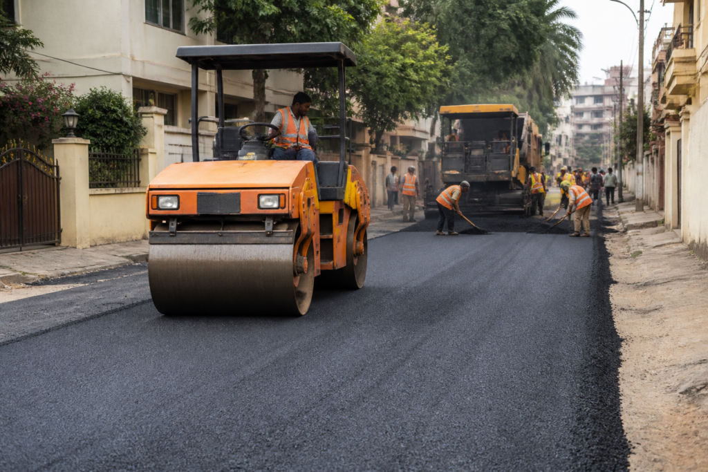 Bitumen road construction in Dondaicha Varwade municipal area showing fresh asphalt and urban surroundings
