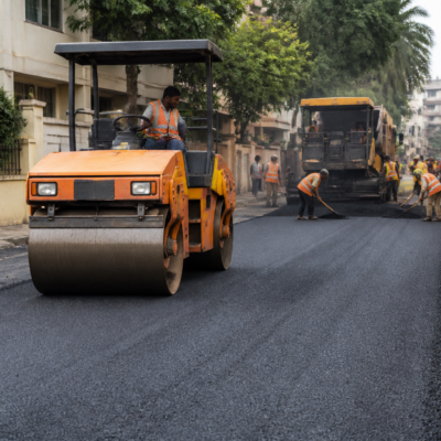 Bitumen road construction in Dondaicha Varwade municipal area showing fresh asphalt and urban surroundings