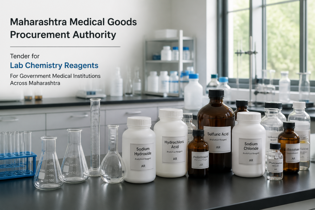 Medical laboratory reagents and glassware on shelves representing Maharashtra Government lab chemistry reagents tender