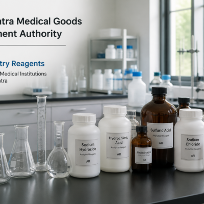 Medical laboratory reagents and glassware on shelves representing Maharashtra Government lab chemistry reagents tender
