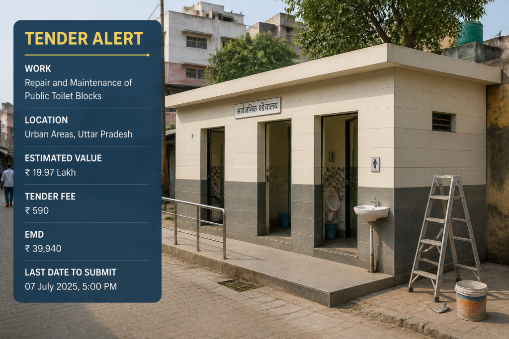 Public toilet block under maintenance representing repairs to toilet block Maharashtra tender