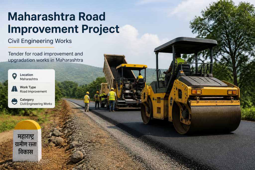 Road improvement construction on Palghar Tembhode Shirgaon Road in Maharashtra with machinery and workers