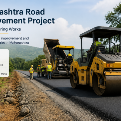 Road improvement construction on Palghar Tembhode Shirgaon Road in Maharashtra with machinery and workers