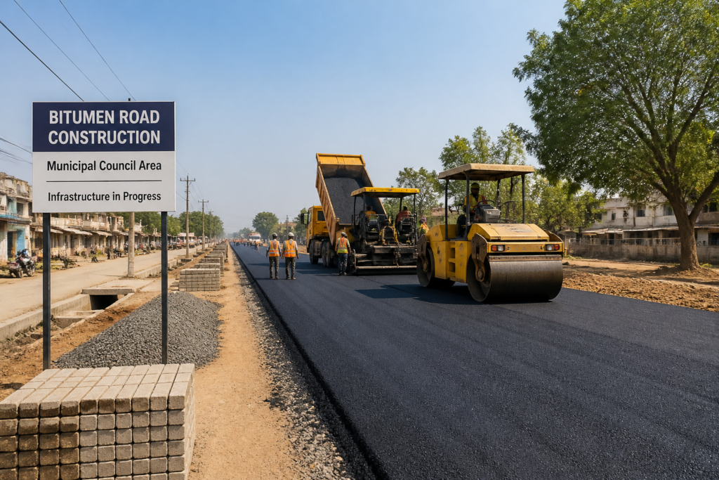 Bitumen road under construction in Maharashtra municipal area showcasing civil works progress
