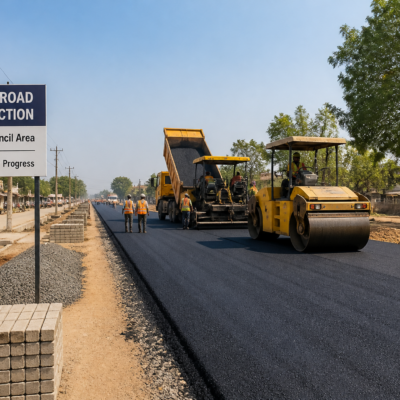 Bitumen road under construction in Maharashtra municipal area showcasing civil works progress