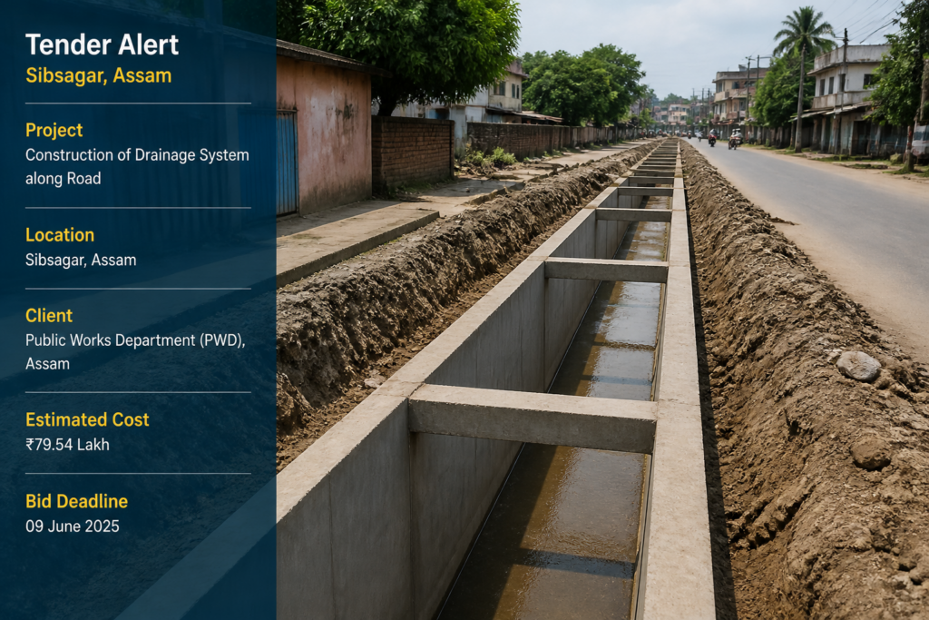 Urban covered drain construction site alongside a road in Sibsagar, Assam under Government tender